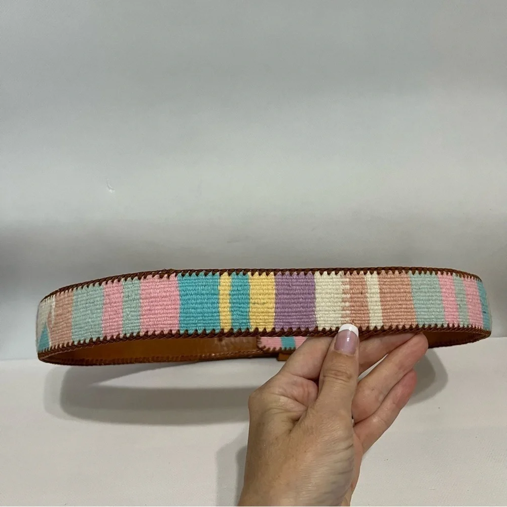 Vintage Pastel Woven Tapestry Leather Belt Guatemala